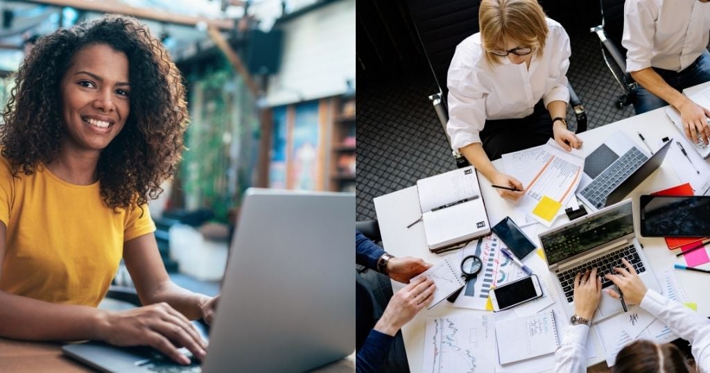 a smiling woman with curly hair uses a laptop and a team collaborating around a table covered in laptops and documents.