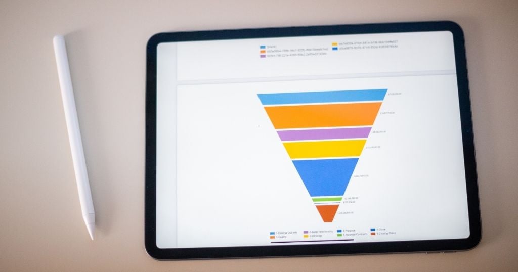 A tablet displaying a colourful, multi-layered funnel chart alongside a white digital stylus on a plain surface.