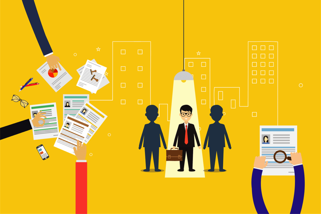 A yellow background depicting a job recruitment process