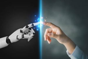 Robot hand and human hand touching with a glowing connection