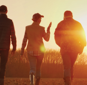 Three people walking in a field at sunset