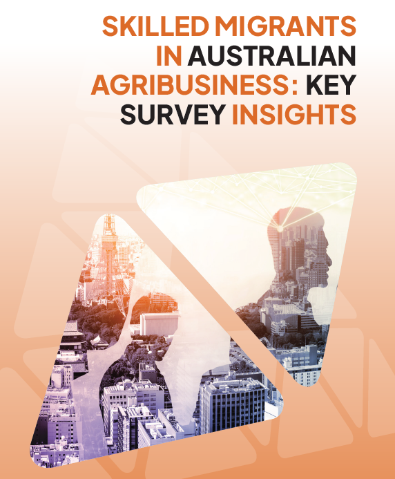 A graphic titled "Skilled Migrants in Australian Agribusiness: Key Survey Insights,"