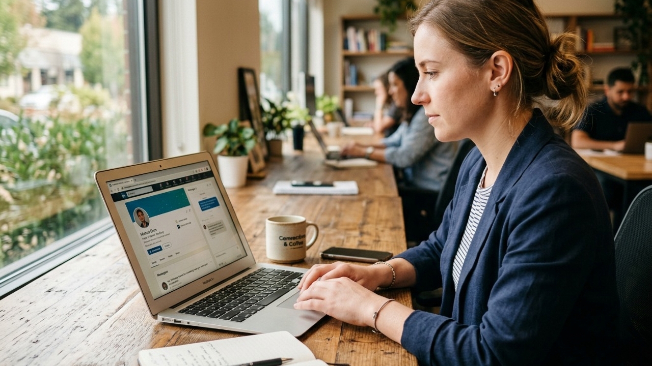A woman in a blazer sitting at a wooden coffee shop counter while looking at a LinkedIn profile on her laptop.