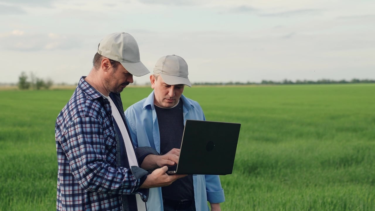 Two men wearing caps looking at a laptop together while standing in a green agricultural field.